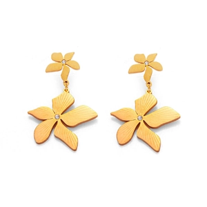 Detail of gold flower earrings featuring textured petals and sparkling crystal centers