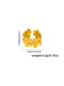 Detail view of gold flower ring showing dimensions 1.1cm height and 4.3g weight