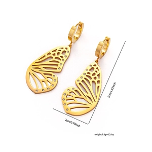 Detailed view of butterfly wing earrings with dimensions and gold finish and white stones