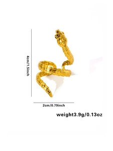 Detailed view of golden snake ring showing dimensions 4cm height and 2cm width scale