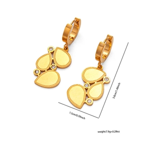 Detail view showing gold drop earrings with dimensions of 3.8cm height and 1.5cm width