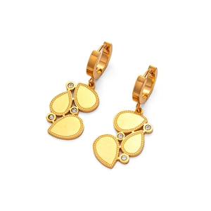 Detail of matte gold huggie earrings with triple leaf pendants and zircon accents