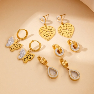 Elegant gold titanium steel earring set with heart, butterfly and crystal drop designs