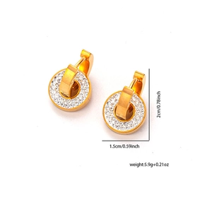 Detail view of gold titanium earrings with cubic zirconia inlay showing dimensions and weight