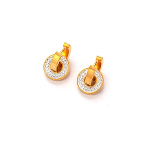 Detail of gold titanium earrings with circular drop pendants paved in white zircon stones