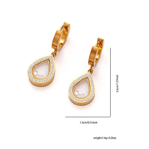 Detail showing gold teardrop earrings with floating crystals and side size markings