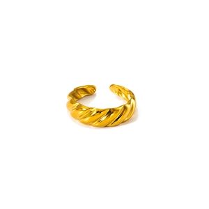 Polished gold titanium steel ring featuring a unique woven texture and adjustable open design