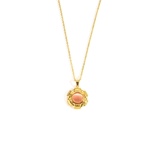 Goudkleurige roestvrijstalen ketting met roze kattenoogsteen en bamboe getextureerd frame