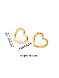 Detailed view of gold heart stud earrings with dimensions 2.64cm and weight 8.1g