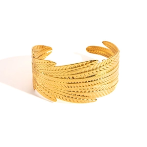 Golden feather layered open bangle in stainless steel with detailed leaf texture