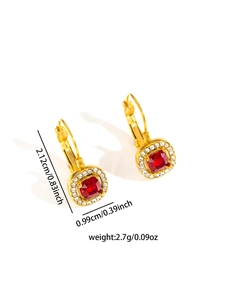 Detailed dimensions of gold retro leverback earrings with square red gemstone and crystals