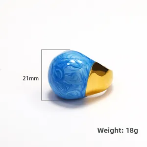 Exaggerated geometric gold titanium steel ring with blue enamel marble dome, 21mm height