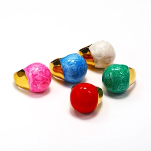 Titanium Steel Geometric Dome Ring For Women Artistic Gold Plated Chunky Marble Pattern Enamel Exaggerated Statement Ring Jewelry