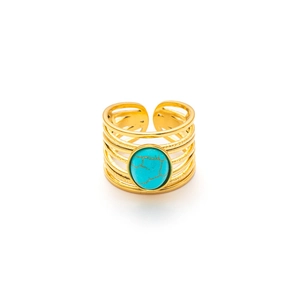 Close-up of gold layered geometry ring featuring a centered turquoise stone inlay