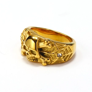 Gothic punk gold skull ring with spider web relief and micro zircon inlay for men
