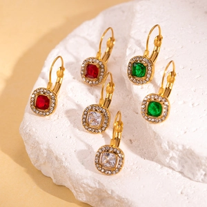 French Vintage Titanium Steel Leverback Earrings Gold Plated Geometric Pear Square Heart Oval Rhinestone Earrings For Women Jewelry