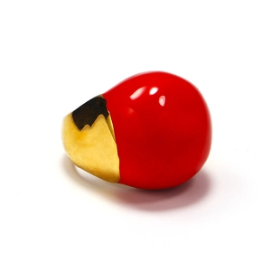 Artistic chunky red enamel sphere ring with irregular gold plated wavy metal band