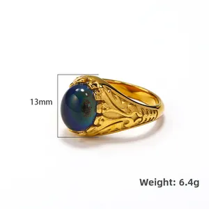 Vintage 18k gold plated titanium ring with color changing stone and engraved floral pattern
