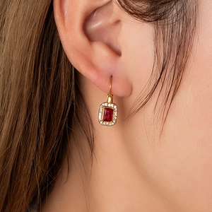 18K gold plated drop earrings with rectangular ruby red stone and diamond halo