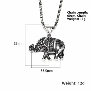Retro punk Thai elephant titanium steel pendant with square pearl chain, 60cm length