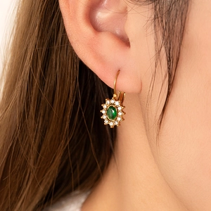 Vintage 18K gold plated titanium earrings with oval green emerald and white zircon halo