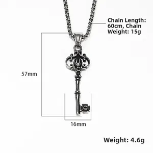 Vintage Gothic Crown Key Pendant Necklace in Stainless Steel with Box Chain for Men and Women