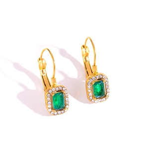 Vintage 18K gold plated earrings with rectangular green emerald and halo diamond setting