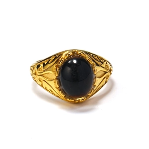 Vintage 18k gold plated titanium ring with oval black gemstone and hollow floral pattern