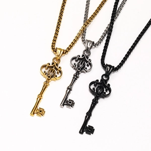 Vintage Gothic Punk Titanium Steel Crown Key Pendant Necklace Hollow Cross Key Charm Necklaces For Men Women Retro Jewelry