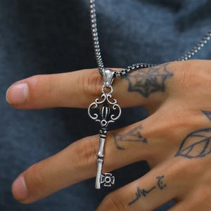 Vintage Gothic crown key pendant in stainless steel with punk style carved detailing
