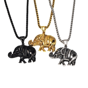 Vintage punk elephant pendant necklaces in gold, silver, and black finishes on box chains
