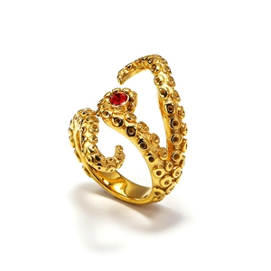 Retro octopus ring in goud roestvrij staal met robijnrode zirkoonsteen en zuignap