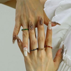 Stackable titanium steel rings with rectangular emerald and crystal stones for women