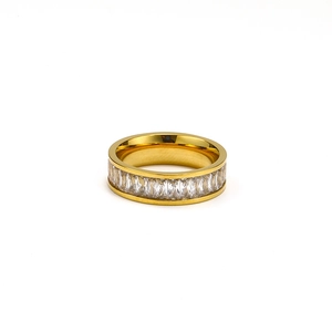 Macro shot of gold-plated titanium ring featuring channel-set rectangular sparkling crystals