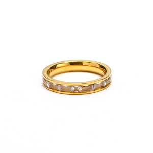 Close-up of gold titanium steel ring featuring channel-set rectangular baguette crystals