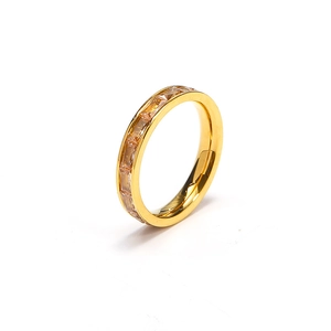 Close-up of gold-plated eternity ring with channel-set rectangular champagne crystals