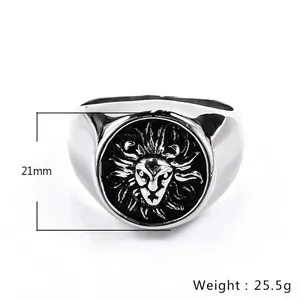 Mens vintage stainless steel lion head signet ring with detailed 21mm wide relief design