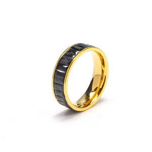 Close-up of titanium steel ring with rectangular black zircons in gold-plated finish