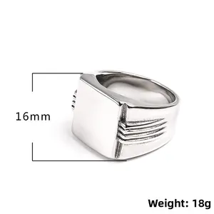 Anello da uomo a sigillo quadrato in acciaio inossidabile argento con scanalature laterali