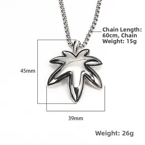 Polished stainless steel maple leaf pendant necklace for men with 60cm box chain
