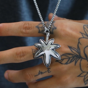 Minimalist silver stainless steel maple leaf pendant necklace with a polished box chain