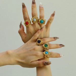 French vintage snake-shaped titanium steel ring set with multi-color turquoise stones
