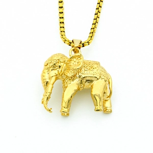 Golden elephant pendant necklace with ornate engraved textures and classic box chain