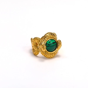 Luxurious gold snake ring with vintage scales and a round striped malachite gemstone
