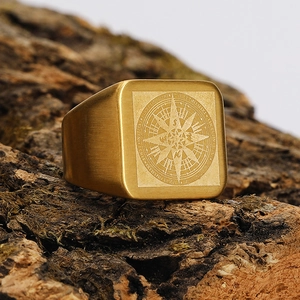 Vintage gold stainless steel square signet ring with compass engraving and brushed finish