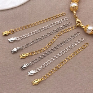 Detail of tulip pendant jewelry extenders in gold, silver, and rose gold finishes