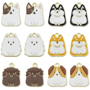 Set of 12 cute cartoon dog enamel pendants with golden alloy rings for DIY jewelry