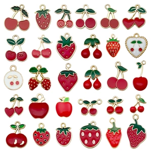 Assorted DIY alloy fruit pendants with red strawberry and cherry charms for jewelry making