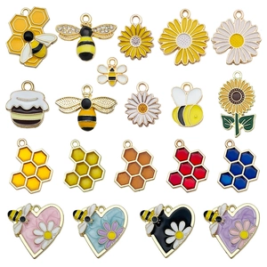 Enamel bee sunflower heart honeycomb charms set in gold alloy for DIY jewelry