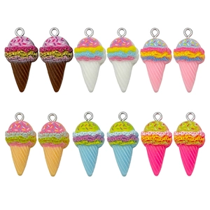 Set of twelve resin ice cream cone pendants with metal rings for DIY jewelry and crafts